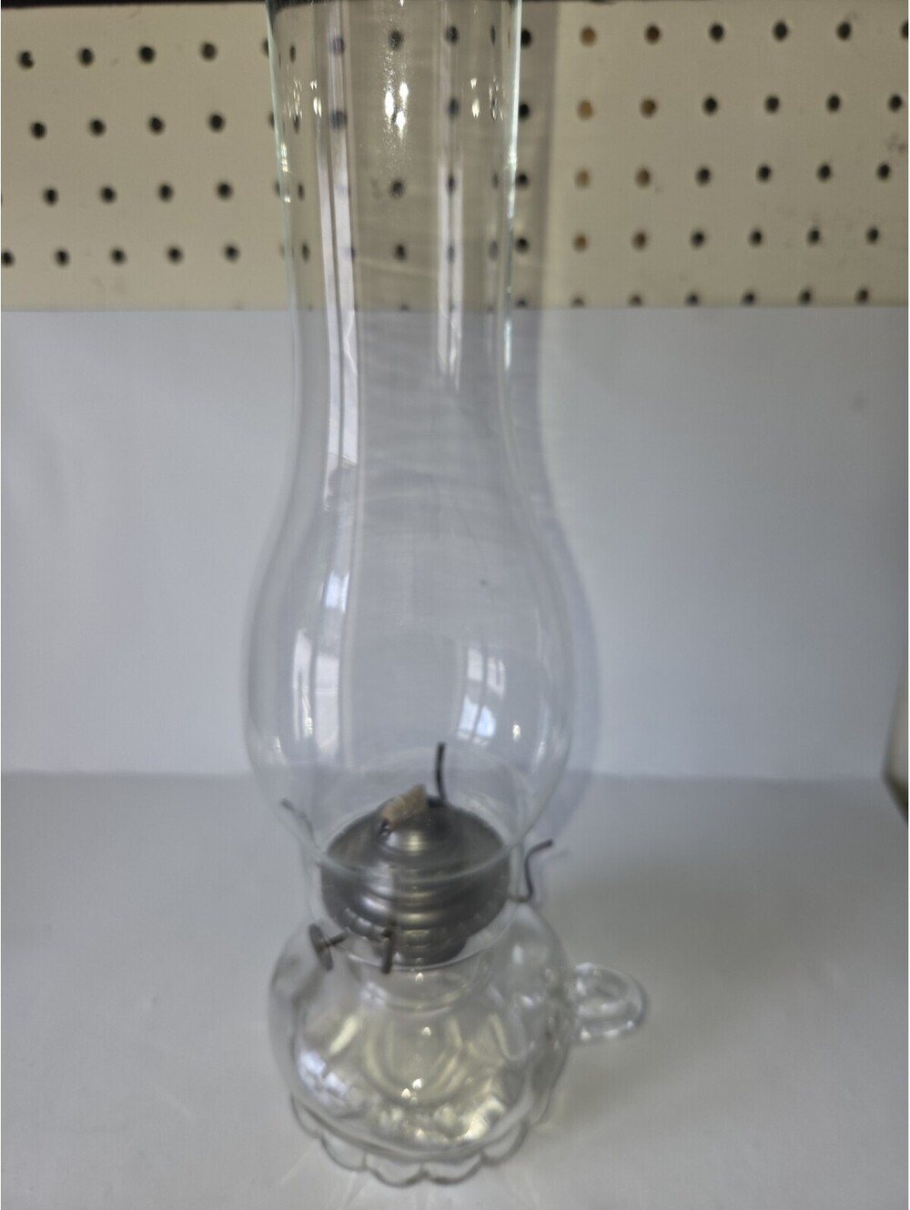 Vintage Lamplight Farms Clear Glass Oil Lamp W/Finger Loop & Scalloped Bottom